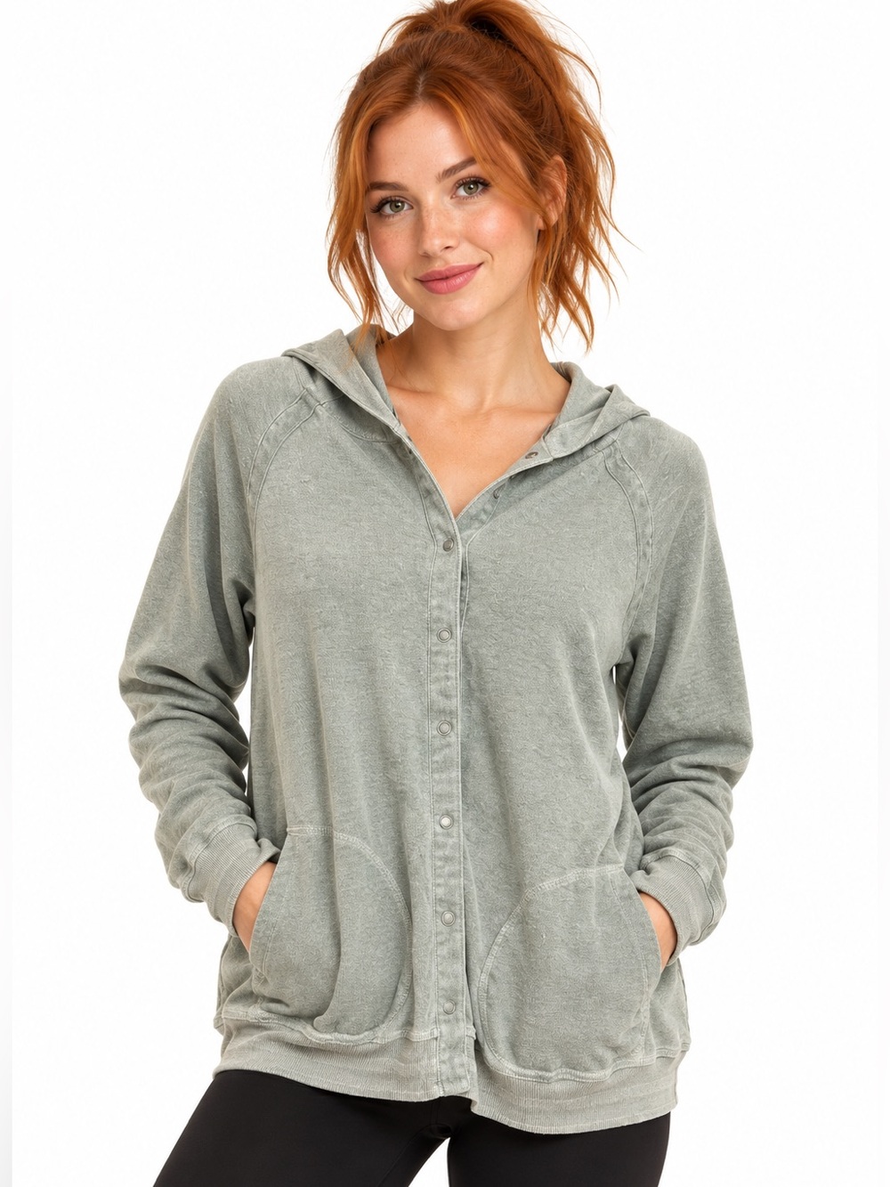 Hot Cotton Snap Button-Front Top - Sage Green XL Athleisure